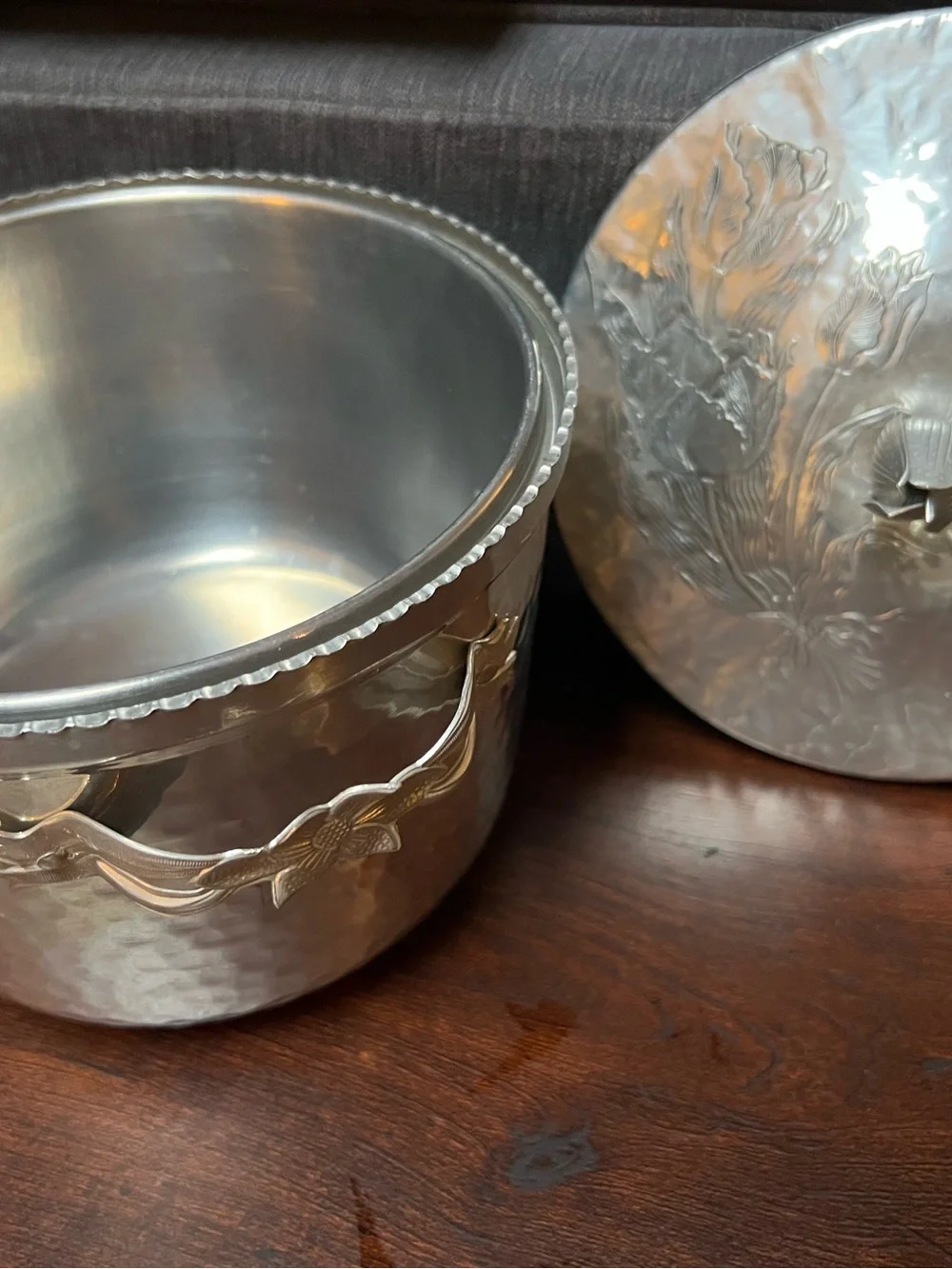 Vintage Hammered Aluminum Ice Bucket  Art Nouveau Rose Bud Floral Trim Handles